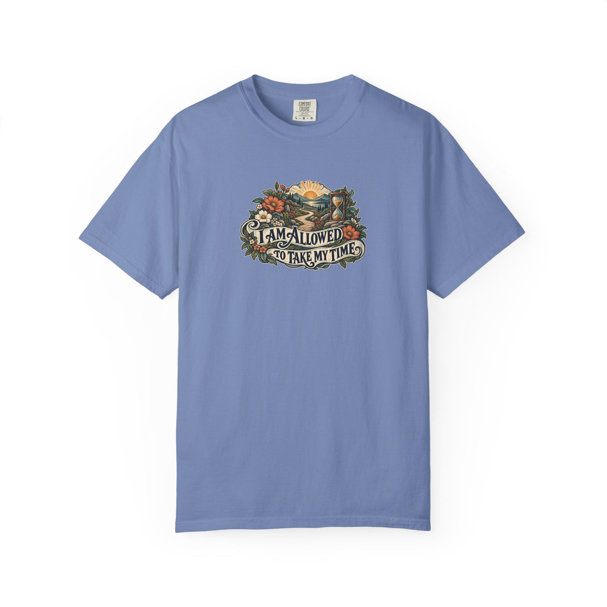 "I Am Allowed to Take My Time" Illustrated Edition Unisex T-Shirt — Vintage Garden Path & Hourglass | Uplifted By Design™ Mental Health & Emotional Wellbeing Tee