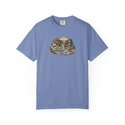 "I Am Allowed to Take My Time" Illustrated Edition Unisex T-Shirt — Vintage Garden Path & Hourglass | Uplifted By Design™ Mental Health & Emotional Wellbeing Tee