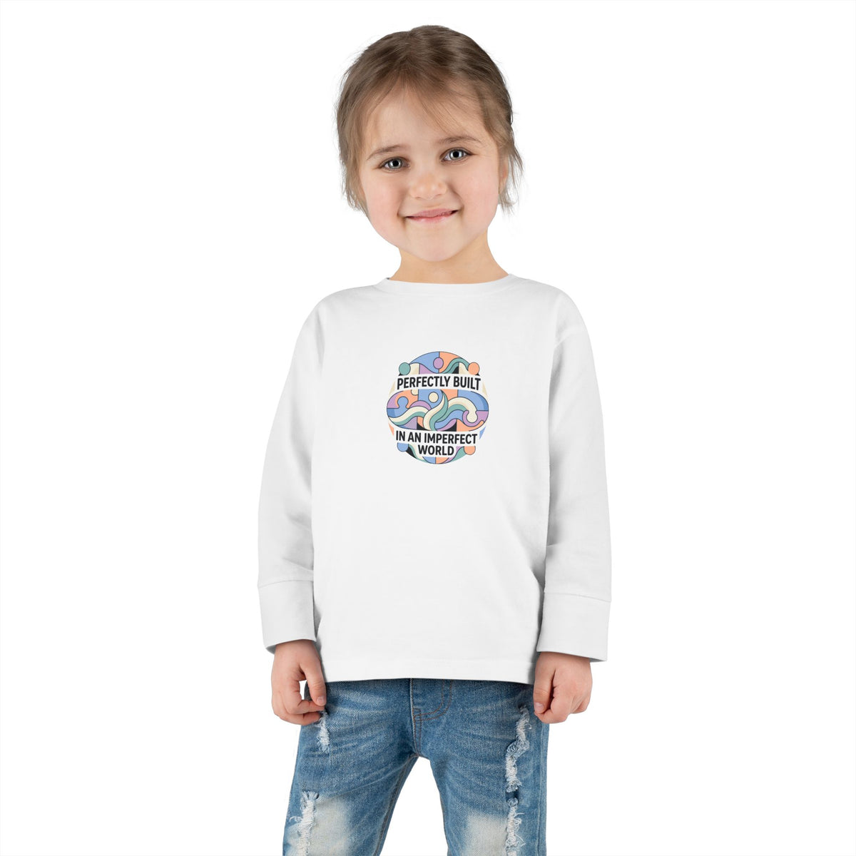 "Perfectly Built in an Imperfect World" Toddler Long Sleeve Tee — Neurodiversity Pride Shirt | Uplifted By Design™