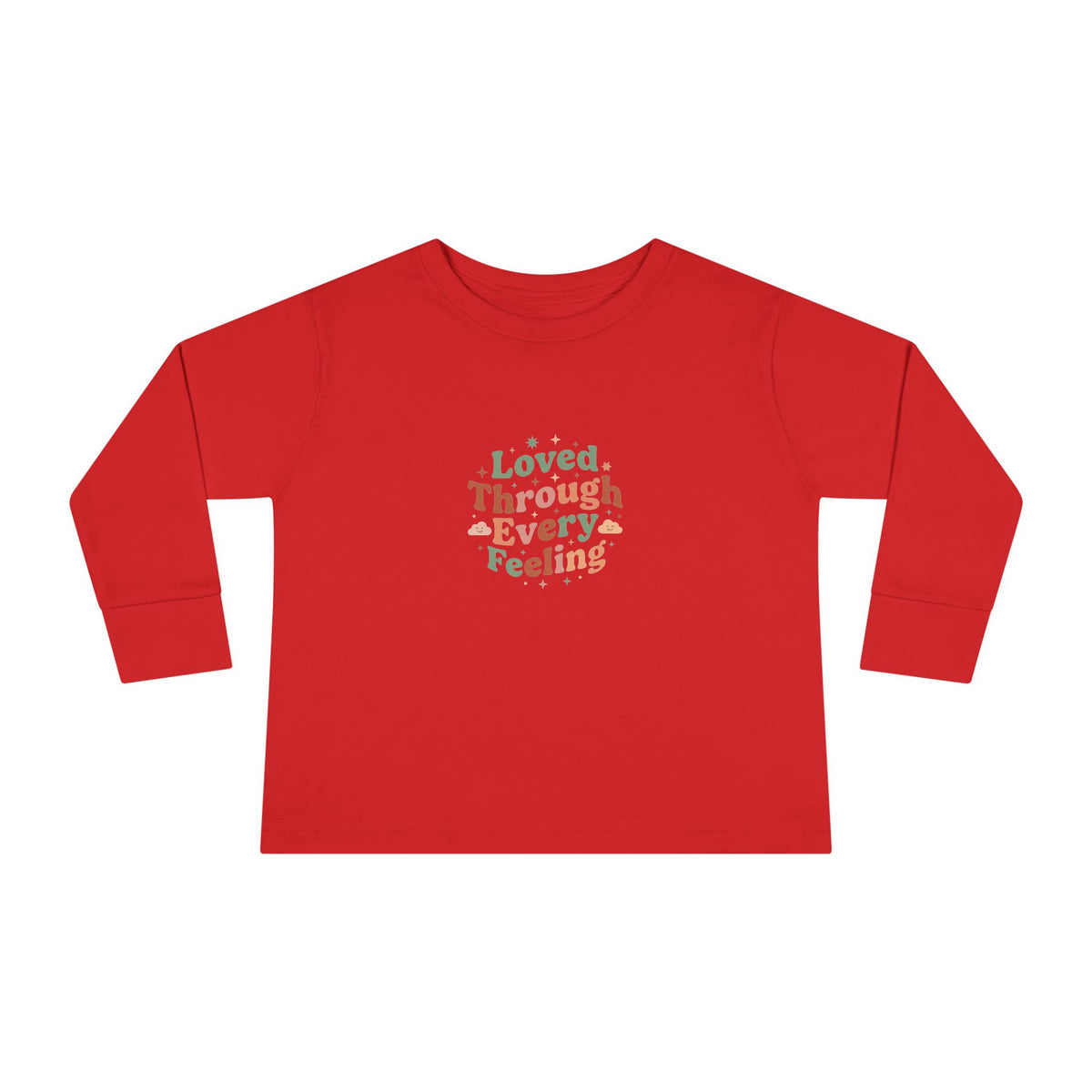 "Loved Through Every Feeling" Toddler Long Sleeve Tee — Groovy Sparkle Lettering | Uplifted By Design™ Inspirational Kids Shirt