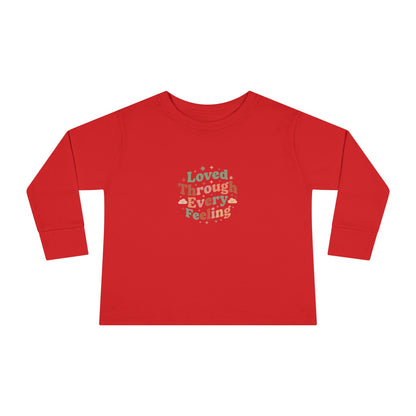 "Loved Through Every Feeling" Toddler Long Sleeve Tee — Groovy Sparkle Lettering | Uplifted By Design™ Inspirational Kids Shirt