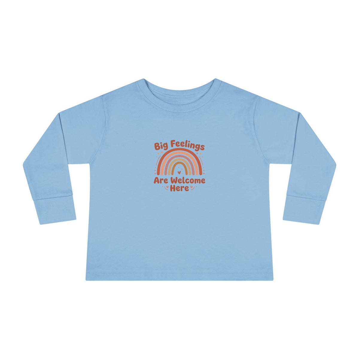 "Big Feelings Are Welcome Here" Toddler Long Sleeve Tee — Retro Feelings Rainbow | Uplifted By Design™ Inspirational Kids Shirt
