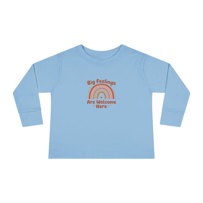 "Big Feelings Are Welcome Here" Toddler Long Sleeve Tee — Retro Feelings Rainbow | Uplifted By Design™ Inspirational Kids Shirt