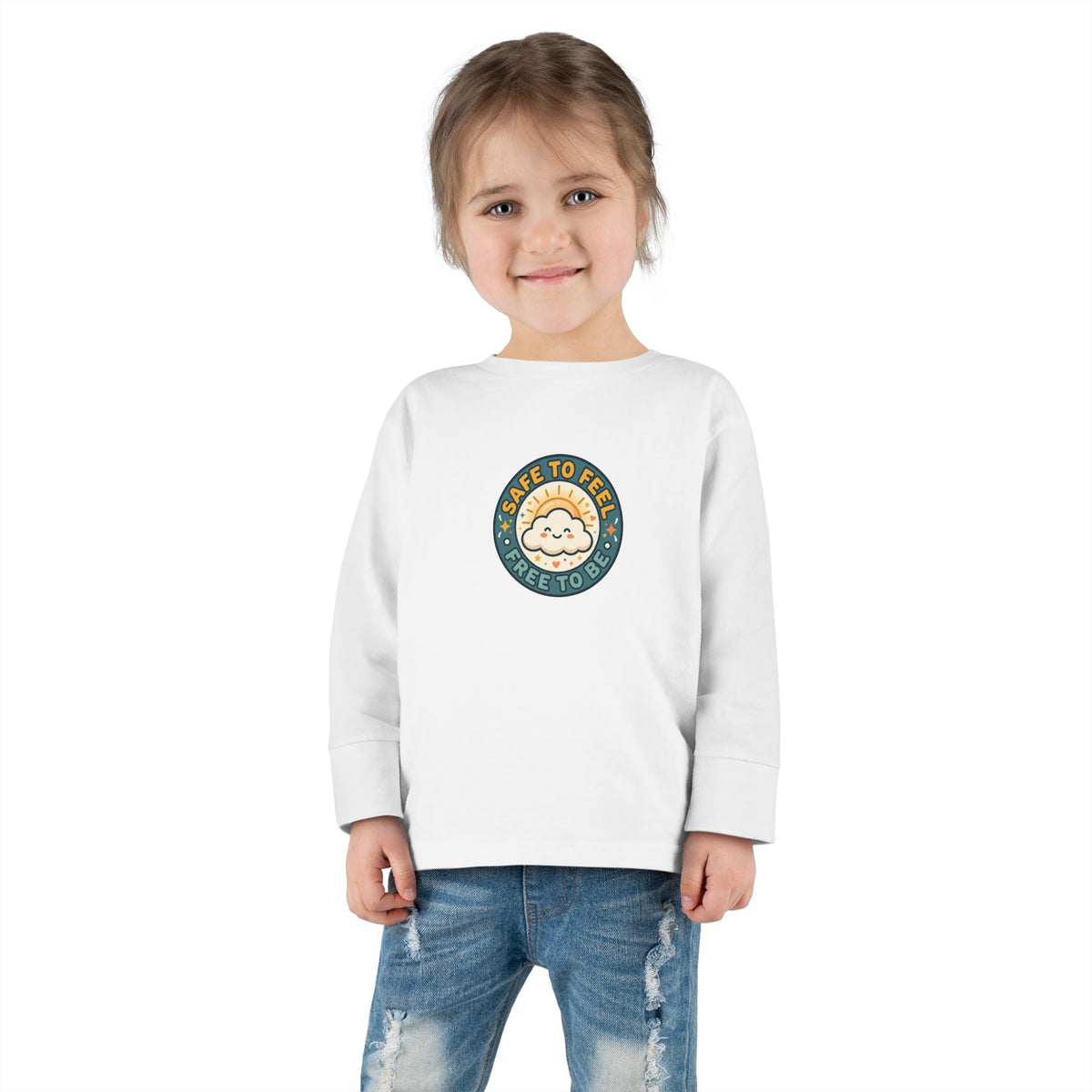 "Safe to Feel, Free to Be" Toddler Long Sleeve Tee — Cozy Cloud Emblem | Uplifted By Design™ Inspirational Kids Shirt