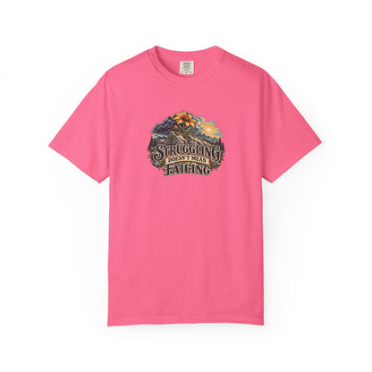 "Struggling Doesn't Mean Failing" Illustrated Edition Unisex T-Shirt — Vintage Wildflower & Clearing-Storm Illustration | Uplifted By Design™ Mental Health & Emotional Wellbeing Tee