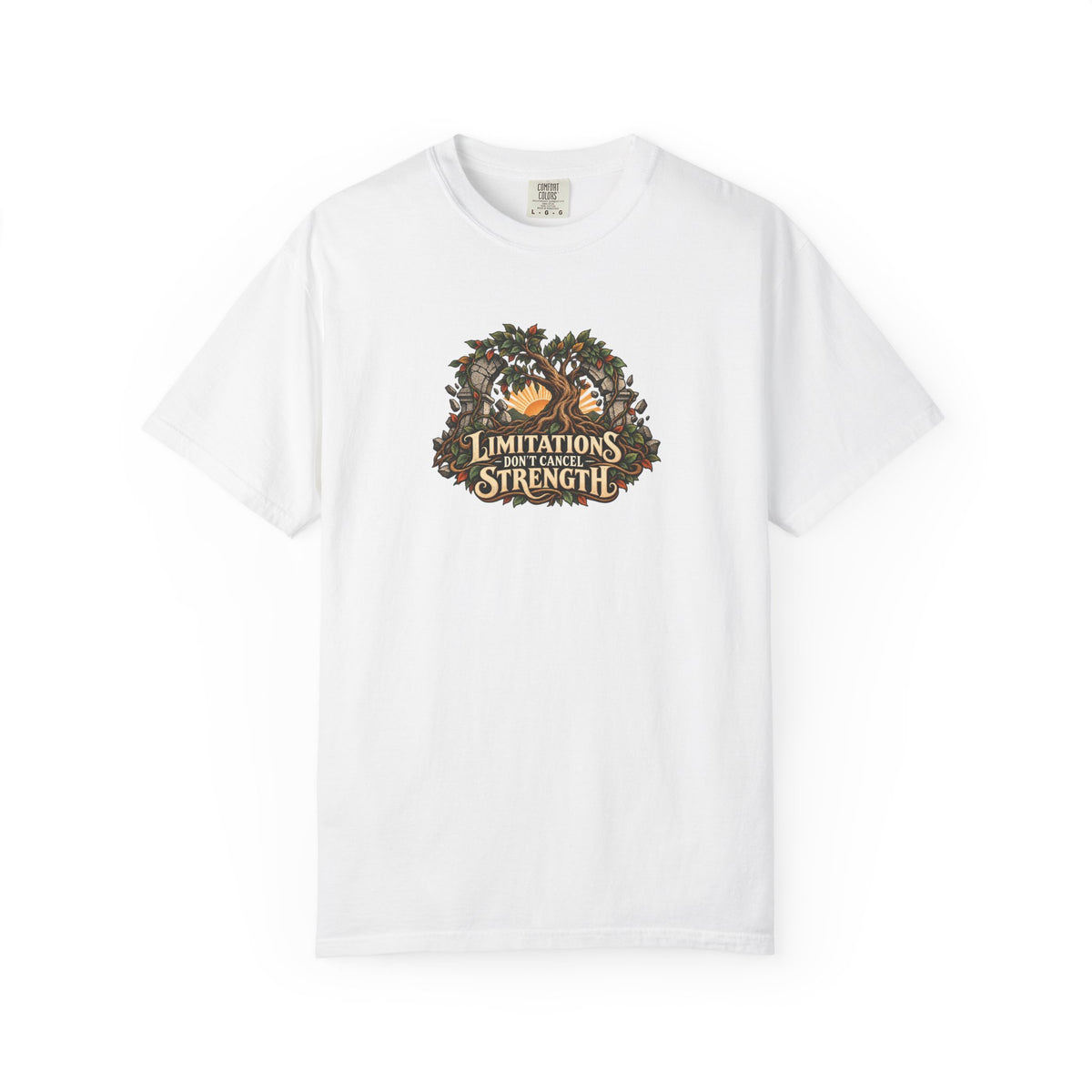 "Limitations Don't Cancel Strength" Illustrated Edition Unisex T-Shirt — Resilient Tree & Broken-Arch Graphic | Uplifted By Design™ Cerebral Palsy & Adaptive Movement Tee