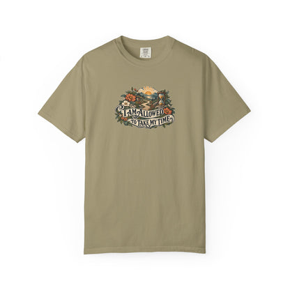 "I Am Allowed to Take My Time" Illustrated Edition Unisex T-Shirt — Vintage Garden Path & Hourglass | Uplifted By Design™ Mental Health & Emotional Wellbeing Tee