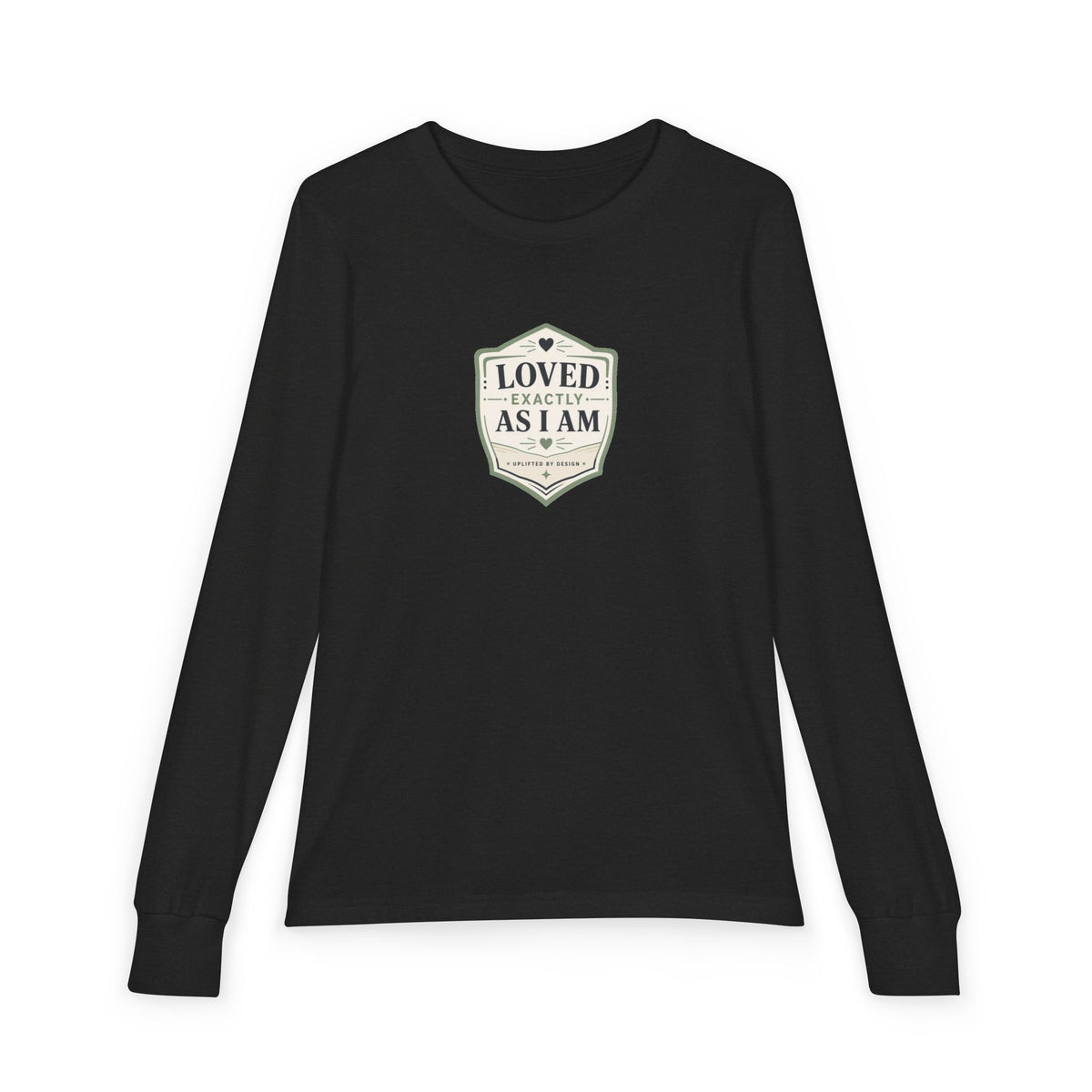 "Loved Exactly As I Am" Youth Long Sleeve Tee — Retro Banner Crest | Uplifted By Design™ Autism Acceptance & Sensory Pride Shirt