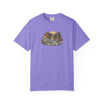 "I Am Allowed to Take My Time" Illustrated Edition Unisex T-Shirt — Vintage Garden Path & Hourglass | Uplifted By Design™ Mental Health & Emotional Wellbeing Tee
