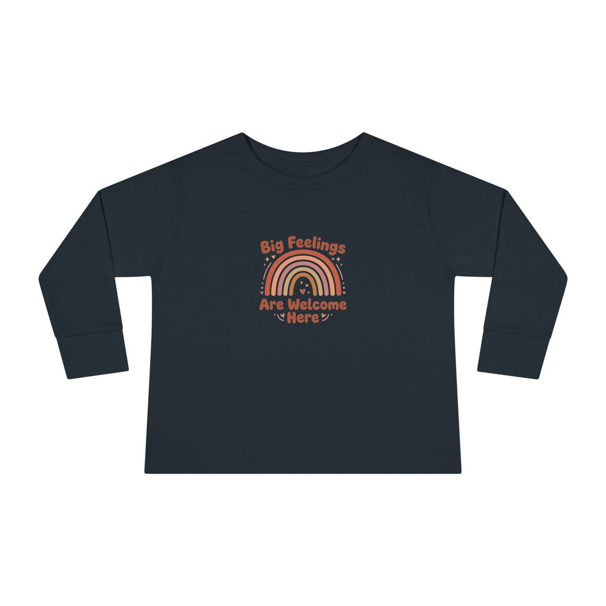 "Big Feelings Are Welcome Here" Toddler Long Sleeve Tee — Retro Feelings Rainbow | Uplifted By Design™ Inspirational Kids Shirt