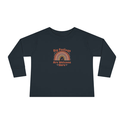 "Big Feelings Are Welcome Here" Toddler Long Sleeve Tee — Retro Feelings Rainbow | Uplifted By Design™ Inspirational Kids Shirt