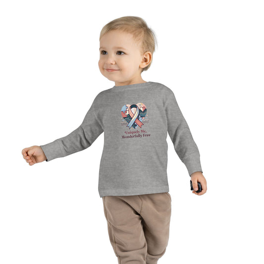 "Uniquely Me, Wonderfully Free" Toddler Long Sleeve Tee — Puzzle Heart Ribbon | Uplifted By Design™ Autism Acceptance & Sensory Pride Shirt