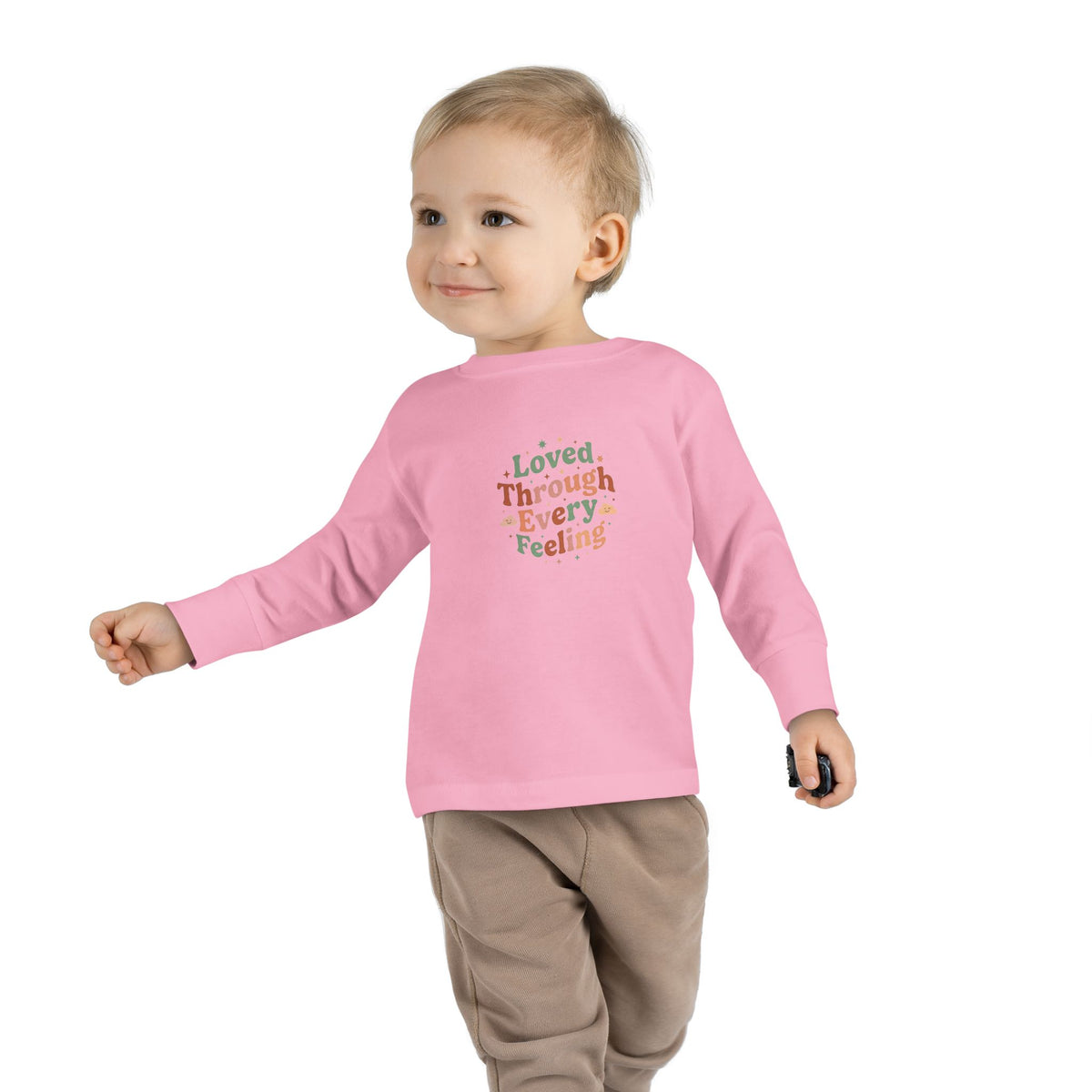 "Loved Through Every Feeling" Toddler Long Sleeve Tee — Groovy Sparkle Lettering | Uplifted By Design™ Inspirational Kids Shirt
