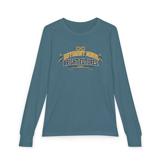 "Different Minds, Bright Futures" Youth Long Sleeve Tee — Collegiate Varsity Arch | Uplifted By Design™ Autism Acceptance & Sensory Pride Shirt