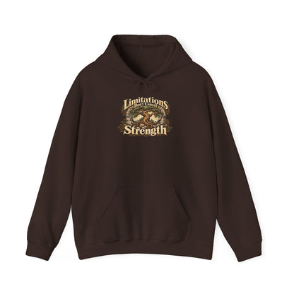 "Limitations Don’t Cancel Strength" Unisex Hoodie — Resilient Tree & Broken-Arch Graphic | Uplifted By Design™ Cerebral Palsy & Adaptive Movement Hoodie