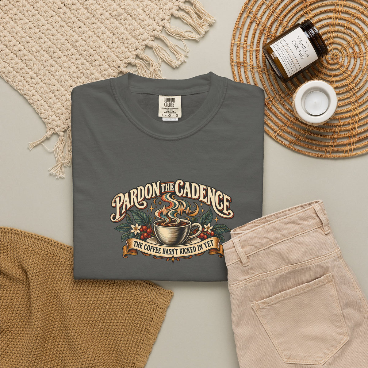 "Pardon the Cadence" Illustrated Edition Unisex T-Shirt — Vintage Coffee & Botanical Graphic | Uplifted By Design™ Cerebral Palsy & Speech Difference Tee