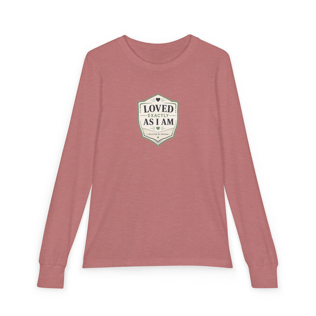 "Loved Exactly As I Am" Youth Long Sleeve Tee — Retro Banner Crest | Uplifted By Design™ Autism Acceptance & Sensory Pride Shirt