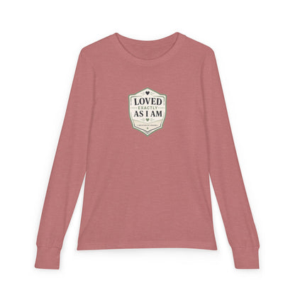 "Loved Exactly As I Am" Youth Long Sleeve Tee — Retro Banner Crest | Uplifted By Design™ Autism Acceptance & Sensory Pride Shirt