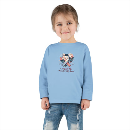 "Uniquely Me, Wonderfully Free" Toddler Long Sleeve Tee — Puzzle Heart Ribbon | Uplifted By Design™ Autism Acceptance & Sensory Pride Shirt