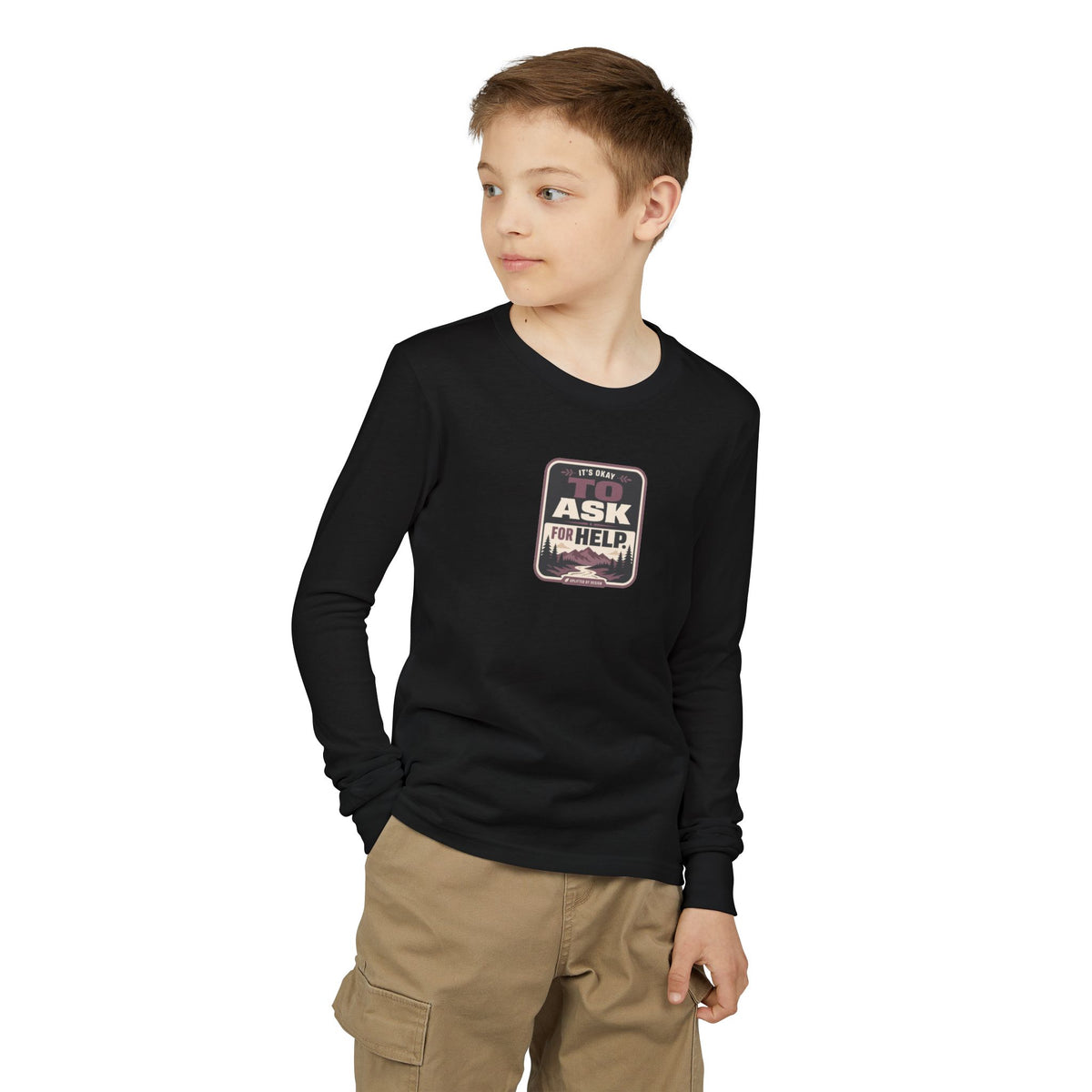 "It's Okay to Ask for Help" Youth Long Sleeve Tee — Outdoor Emblem | Uplifted By Design™ Inspirational Kids Shirt