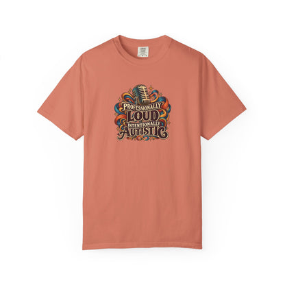 "Professionally Loud Intentionally Autistic" Illustrated Edition Unisex T-Shirt — Vintage Microphone & Sound Ribbons | Uplifted By Design™ Autism Acceptance & Sensory Pride Tee