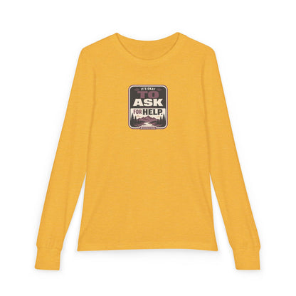 "It's Okay to Ask for Help" Youth Long Sleeve Tee — Outdoor Emblem | Uplifted By Design™ Inspirational Kids Shirt