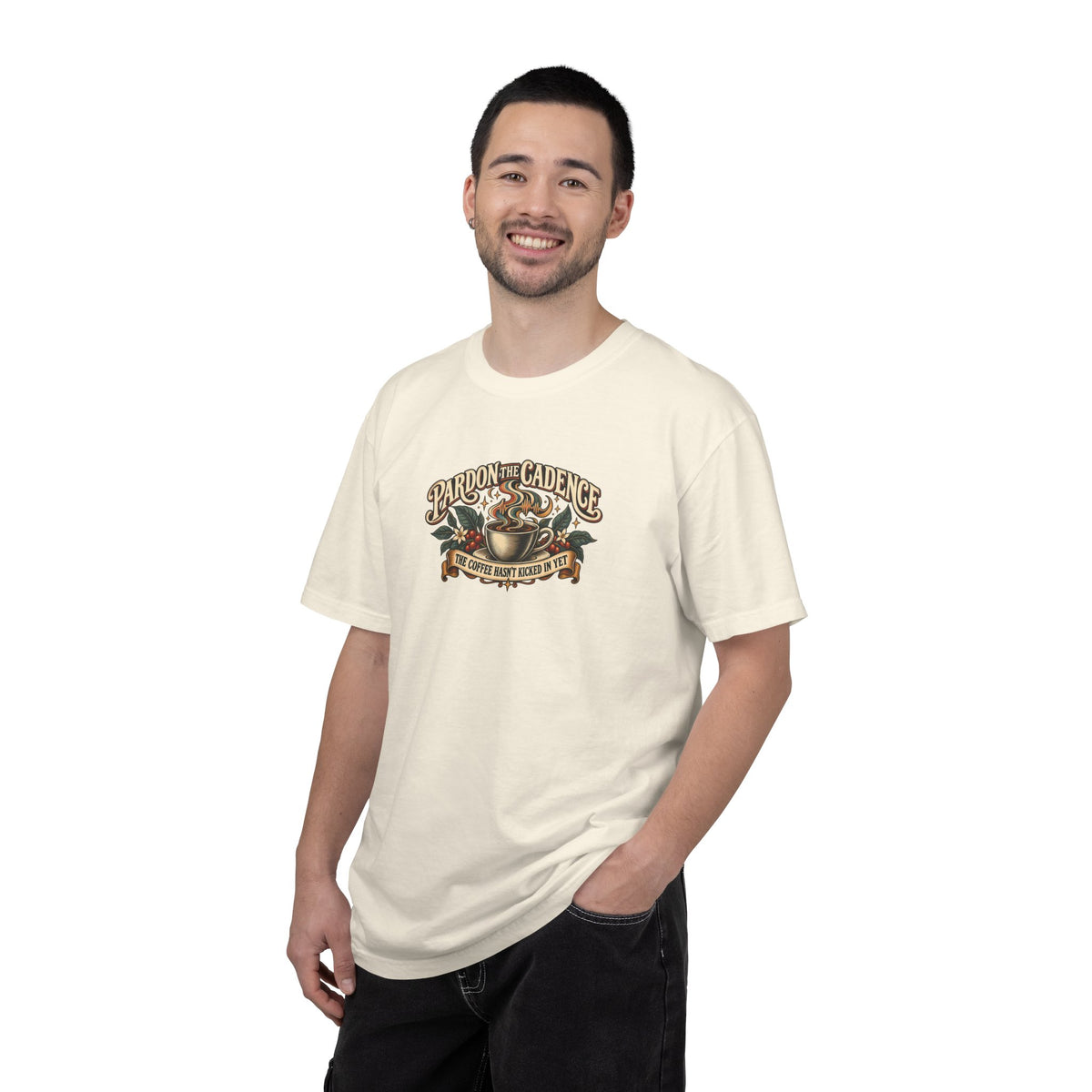 "Pardon the Cadence" Illustrated Edition Unisex T-Shirt — Vintage Coffee & Botanical Graphic | Uplifted By Design™ Cerebral Palsy & Speech Difference Tee