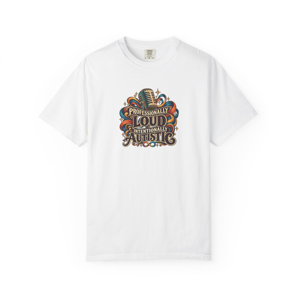 "Professionally Loud Intentionally Autistic" Illustrated Edition Unisex T-Shirt — Vintage Microphone & Sound Ribbons | Uplifted By Design™ Autism Acceptance & Sensory Pride Tee