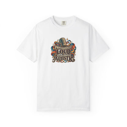 "Professionally Loud Intentionally Autistic" Illustrated Edition Unisex T-Shirt — Vintage Microphone & Sound Ribbons | Uplifted By Design™ Autism Acceptance & Sensory Pride Tee