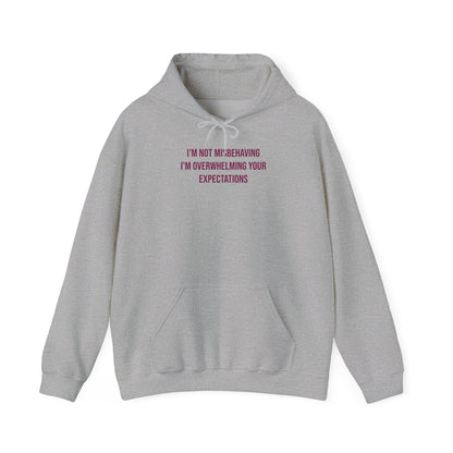 "I’m Not Misbehaving, I’m Overwhelming Your Expectations" Unisex Hoodie — Stacked Plum Lettering | Uplifted By Design™ Autism Acceptance & Sensory Pride Hoodie