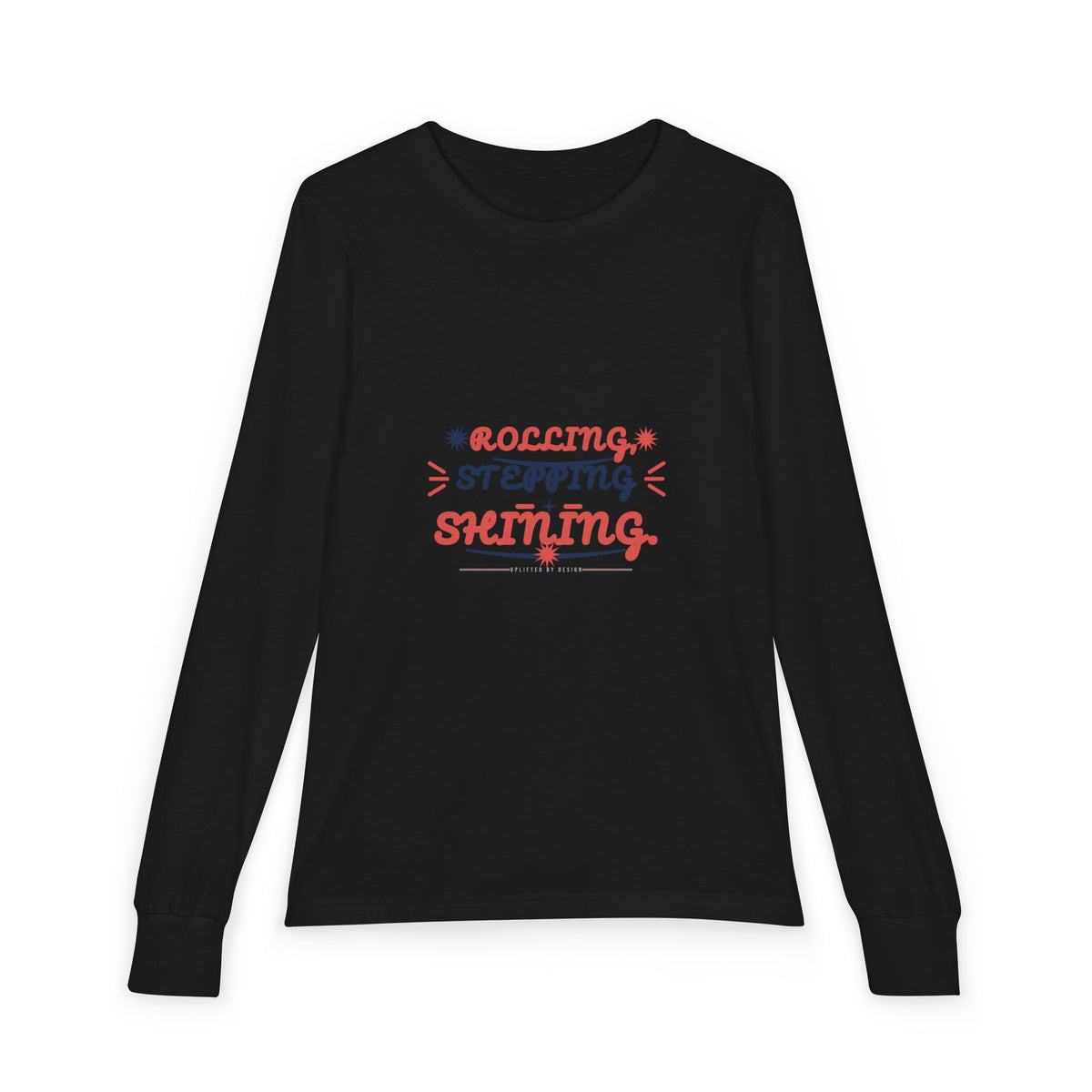 "Rolling, Stepping, Shining" Youth Long Sleeve Tee — Hand-Lettered Lockup | Uplifted By Design™ Cerebral Palsy & Disability Pride Shirt