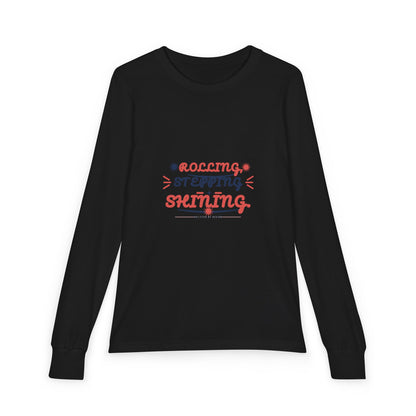 "Rolling, Stepping, Shining" Youth Long Sleeve Tee — Hand-Lettered Lockup | Uplifted By Design™ Cerebral Palsy & Disability Pride Shirt