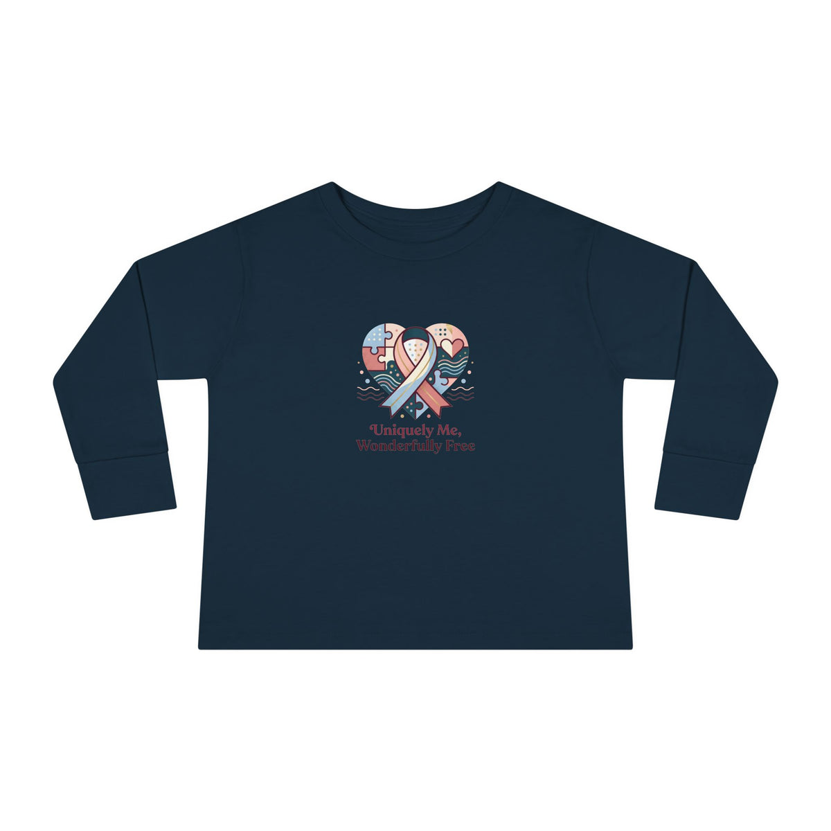 "Uniquely Me, Wonderfully Free" Toddler Long Sleeve Tee — Puzzle Heart Ribbon | Uplifted By Design™ Autism Acceptance & Sensory Pride Shirt