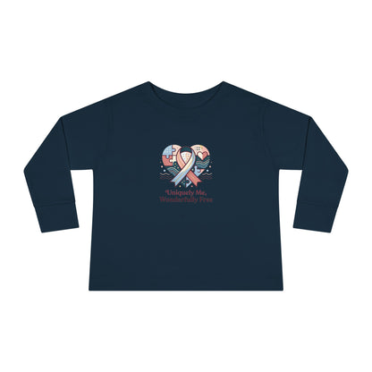 "Uniquely Me, Wonderfully Free" Toddler Long Sleeve Tee — Puzzle Heart Ribbon | Uplifted By Design™ Autism Acceptance & Sensory Pride Shirt